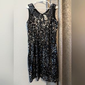 Brand New Forever Woman 1X Sequin Party Cocktail Above-Knee Black Silver Dress